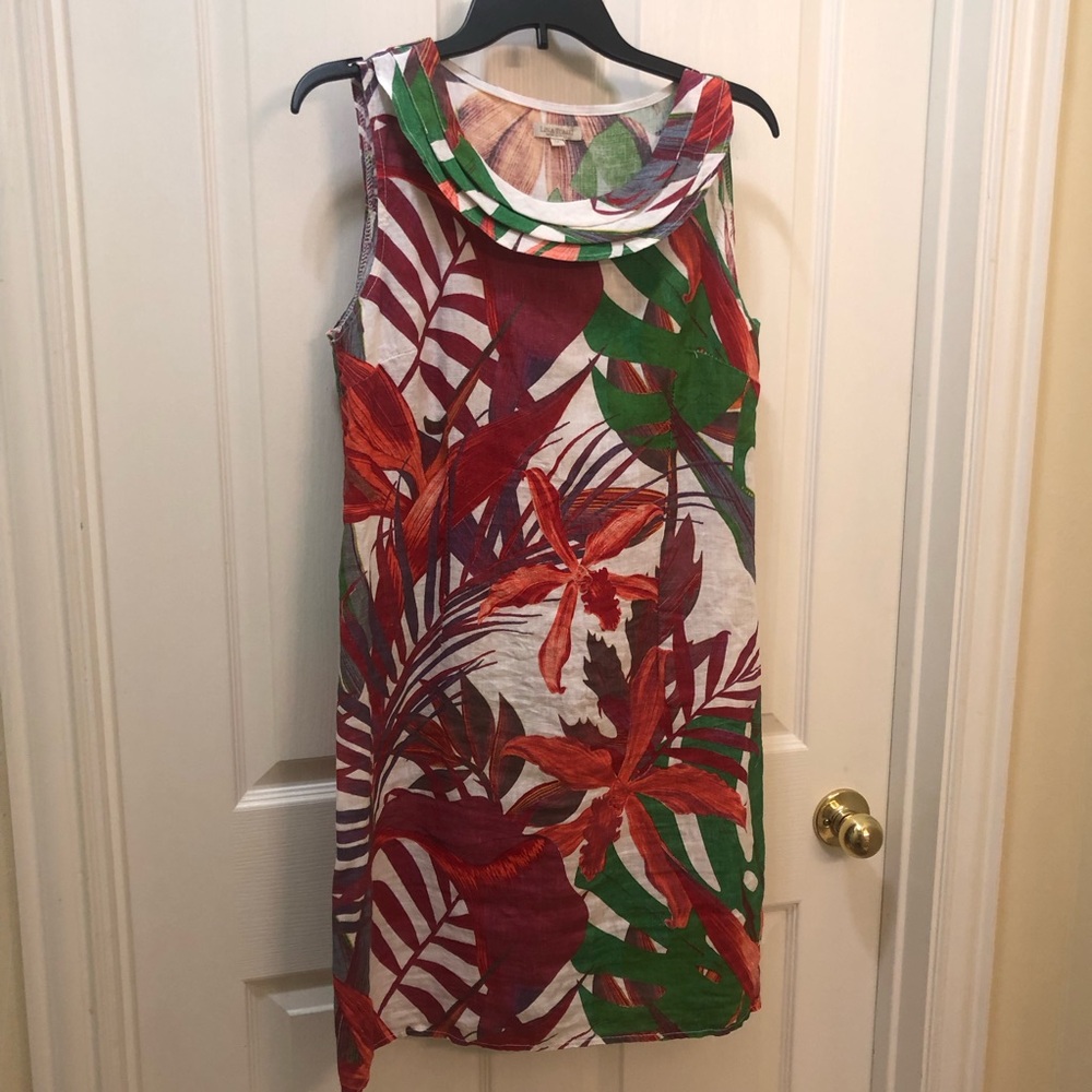 Tropical Print Sleeveless Linen Dress
